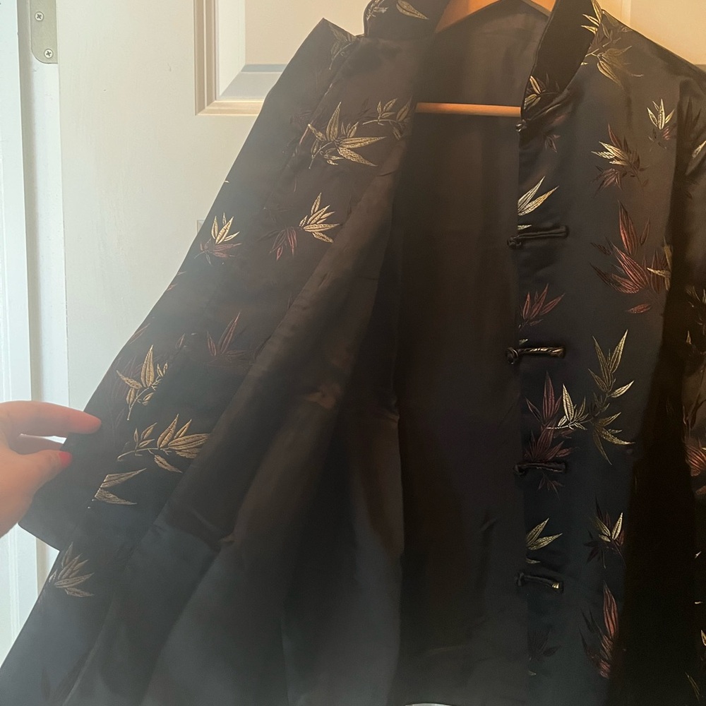 Brand new handmade Black soft Satin Top with Gold and Brown Leaf Pattern